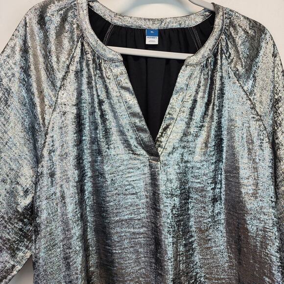 Old Navy Metallic Silver Blouse Size XL Long Sleeve V-neck Relaxed Fit Holiday - Picture 5 of 10